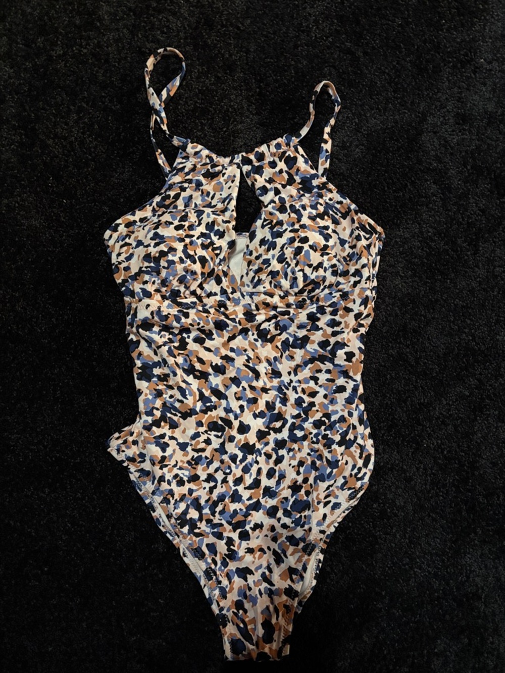 High-Neck Leopard Print One-Piece Swimsuit in Beige and Blue